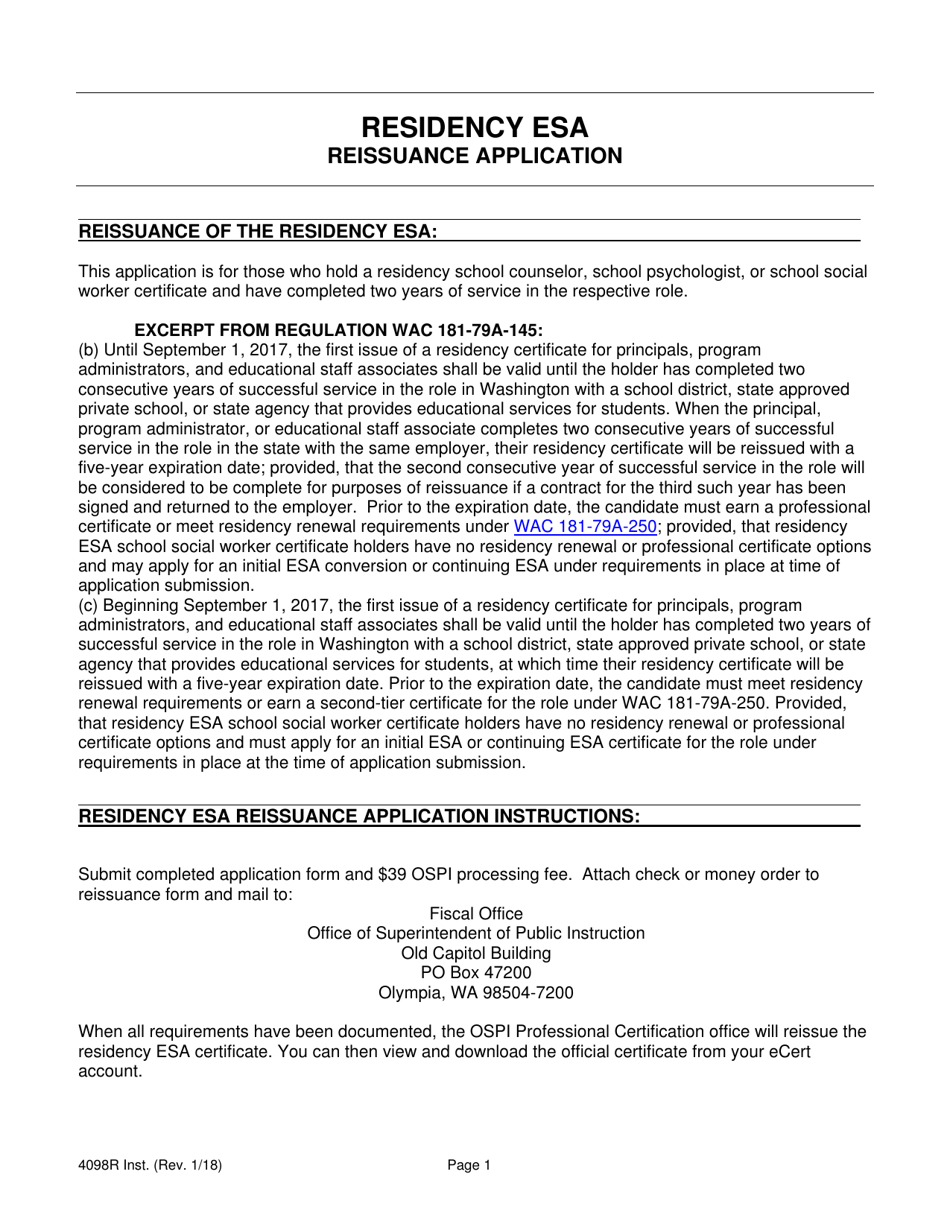 Form SPI / CERT4098R Application for Reissuance of the Residency Educational Staff Associate Certificate - Washington, Page 1
