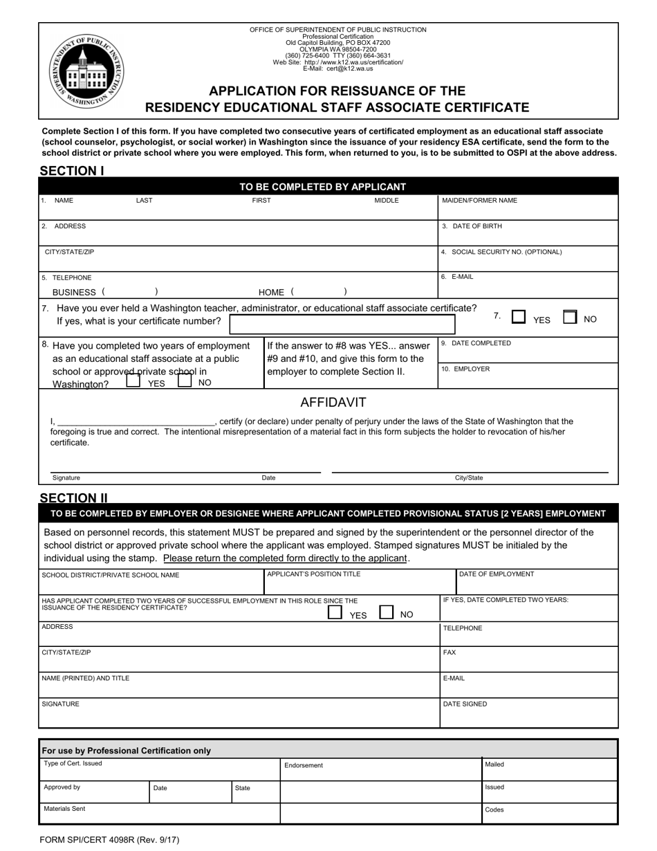 Form SPI / CERT4098R Application for Reissuance of the Residency Educational Staff Associate Certificate - Washington, Page 2