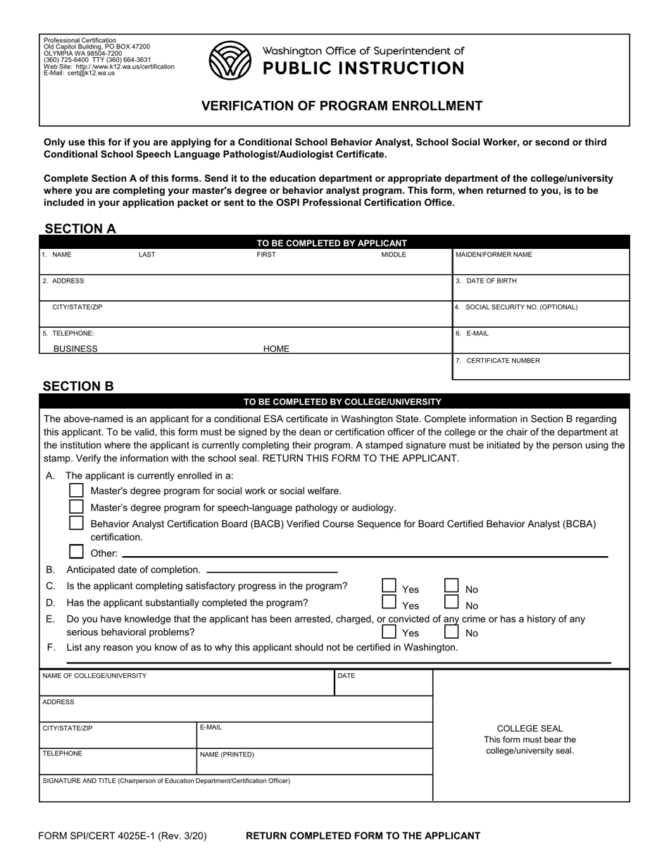 Form SPI / CERT4015E-1 Verification of Program Enrollment - Washington, Page 1