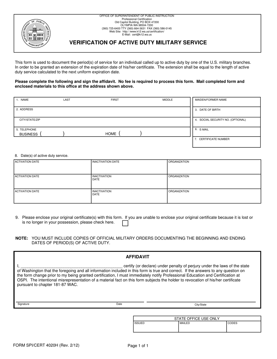 Form SPI / CERT4020H Verification of Active Duty Military Service - Washington, Page 1