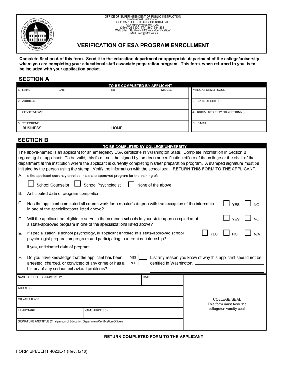 Form SPI / CERT4026E-1 Verification of Esa Program Enrollment - Washington, Page 1