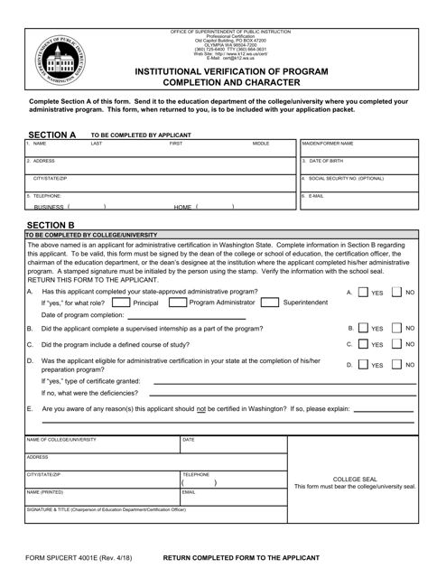 Form SPI/CERT4001E Institutional Verification of Program Completion and Character - Administrator - Washington