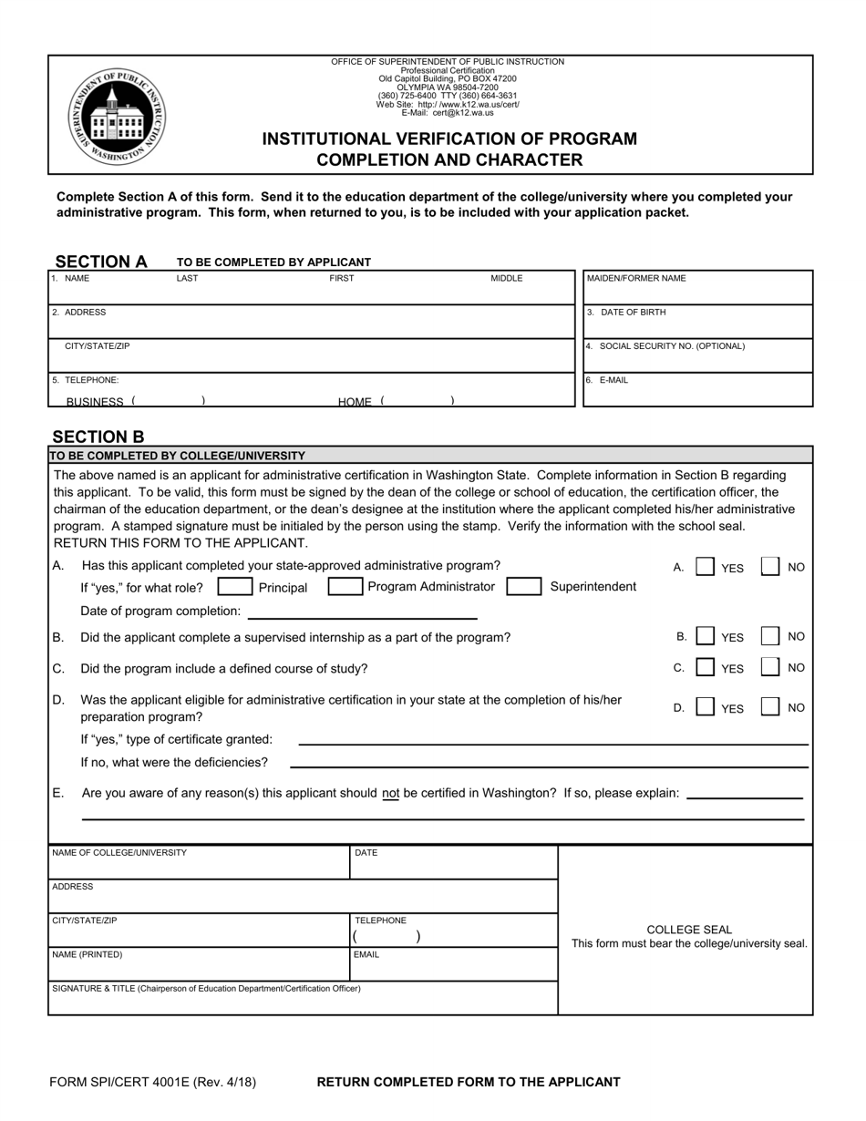 Form SPI / CERT4001E Institutional Verification of Program Completion and Character - Administrator - Washington, Page 1