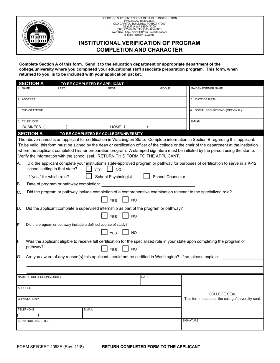 Form SPI / CERT4098E Institutional Verification of Program Completion and Character - Psychologist  Counselor - Washington, Page 1