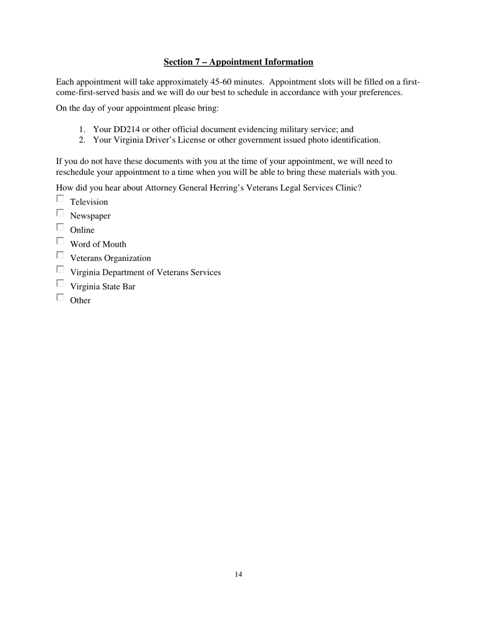 Veterans Legal Services Clinic Intake Form - Virginia, Page 14