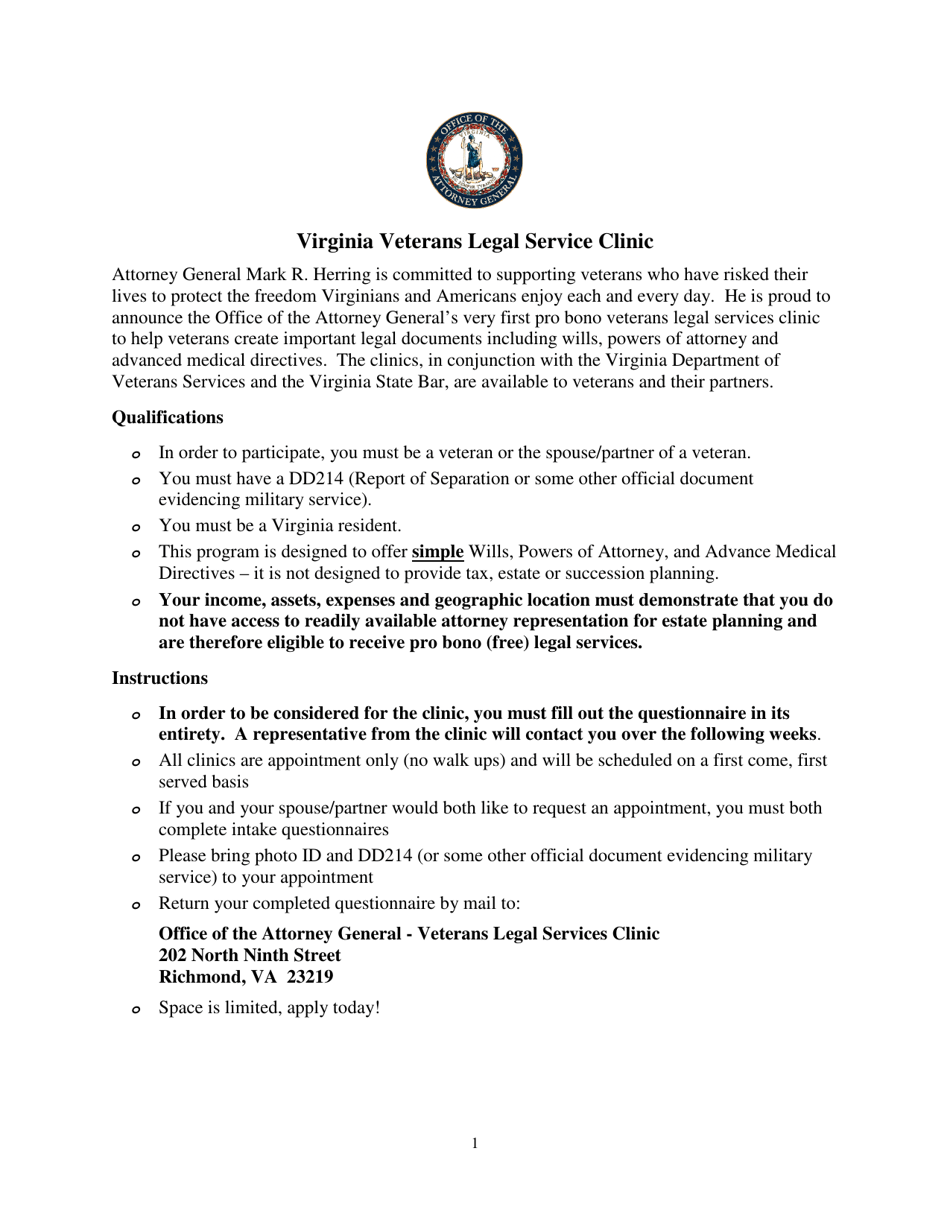 Veterans Legal Services Clinic Intake Form - Virginia, Page 1