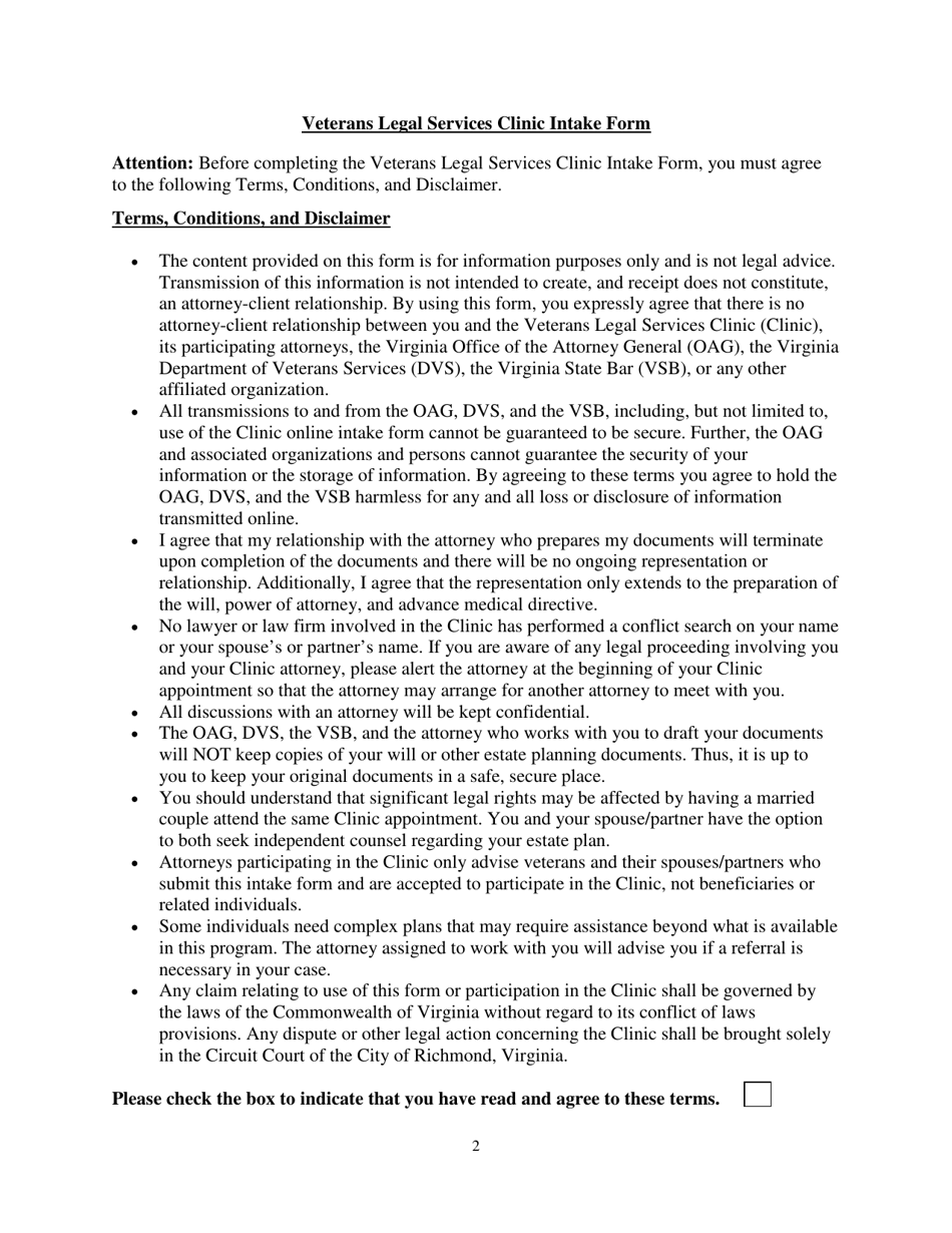 Veterans Legal Services Clinic Intake Form - Virginia, Page 2