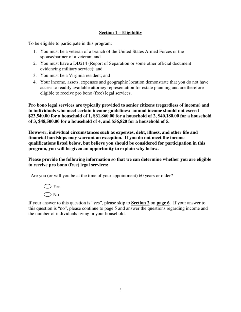 Veterans Legal Services Clinic Intake Form - Virginia, Page 3