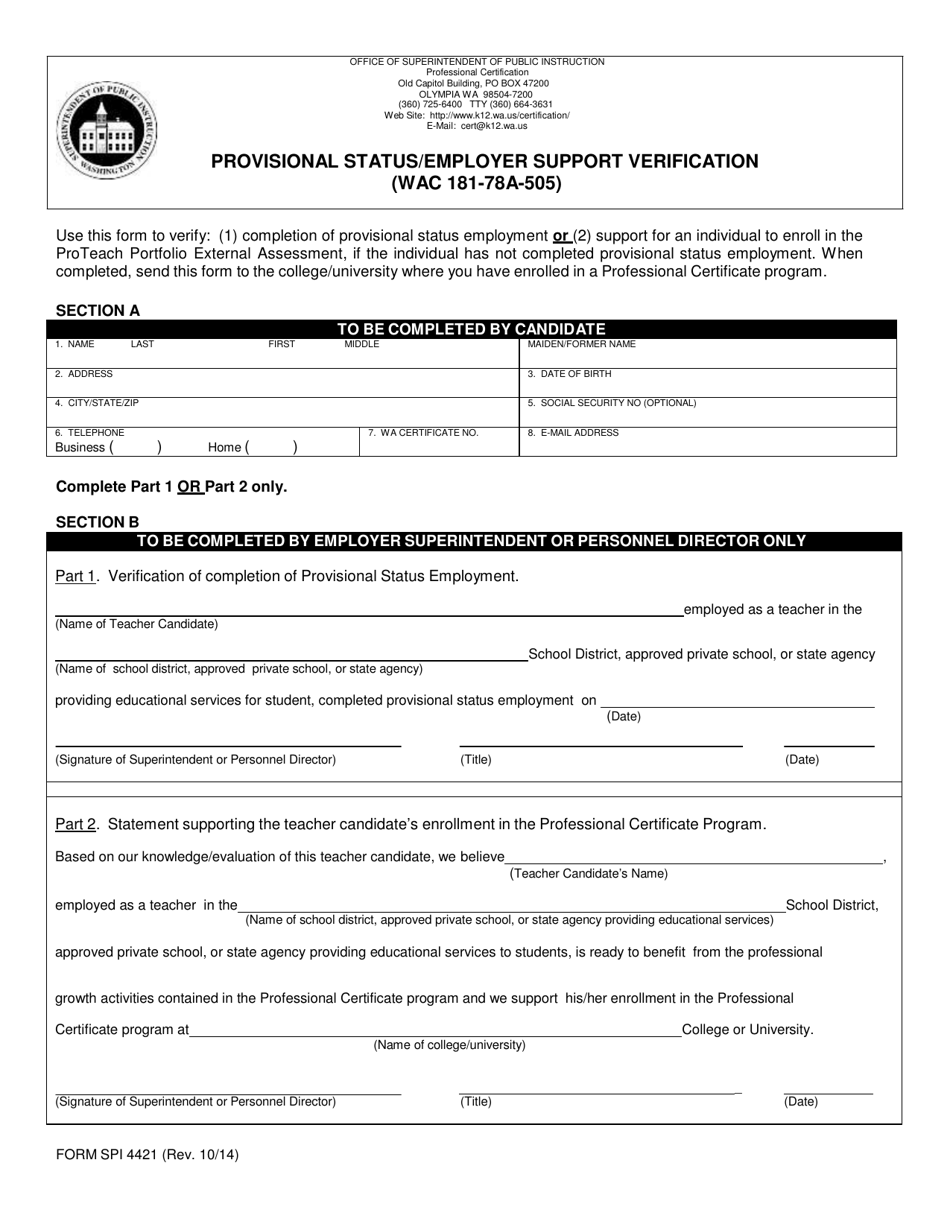 Form SPI4421 Provisional Status / Employer Support Verification - Washington, Page 1