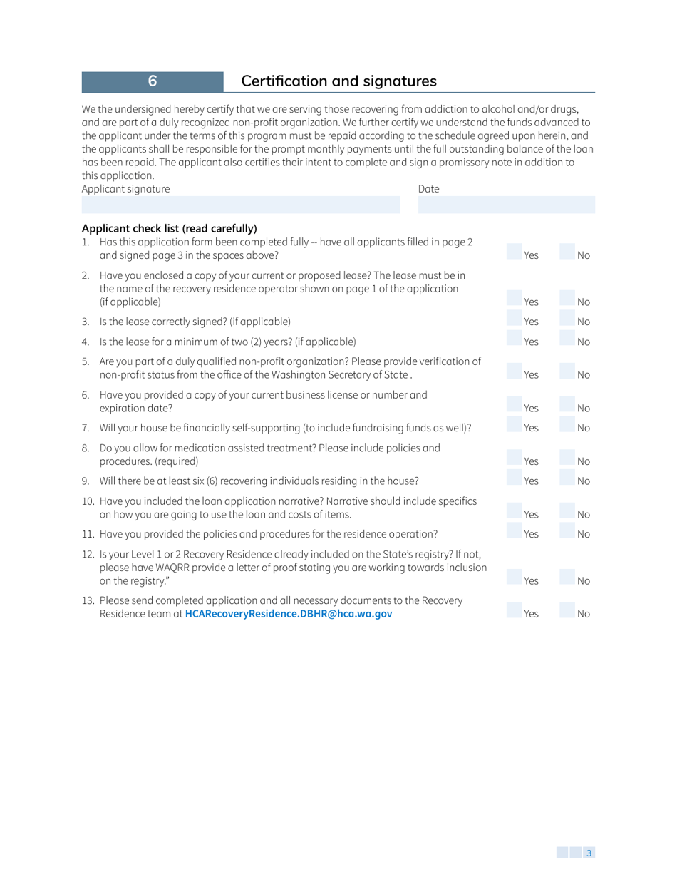 Form HCA82-0346 Washington State Recovery Residence Operating Loan Revolving Fund Application - Washington, Page 3