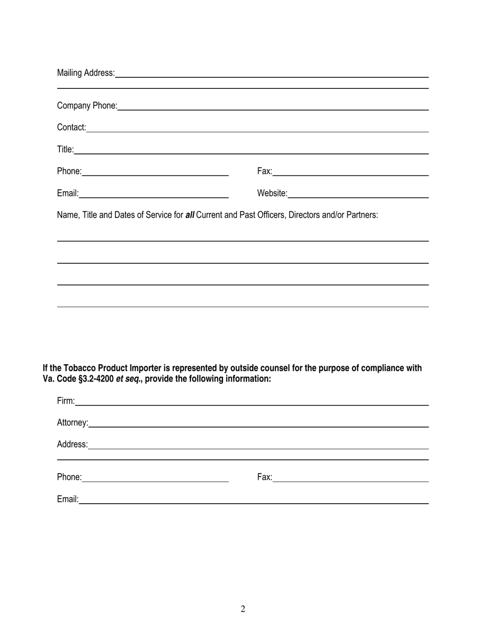 Declaration of Tobacco Product Importer Accepting Joint and Several Liability With Non-participating Manufacturer for Escrow Compliance in Virginia and Appointing Resident Agent for Service of Process - Virginia, Page 2