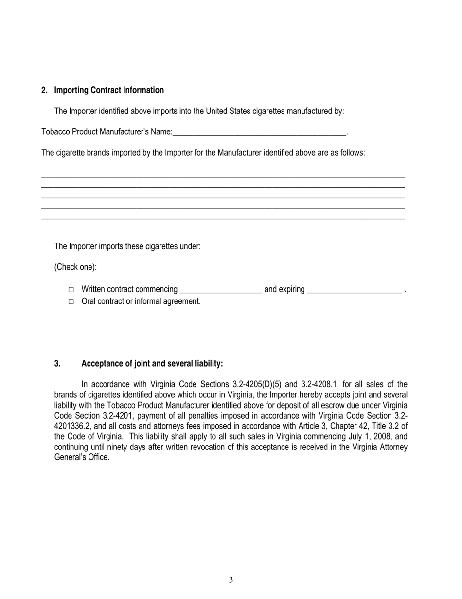 Declaration of Tobacco Product Importer Accepting Joint and Several Liability With Non-participating Manufacturer for Escrow Compliance in Virginia and Appointing Resident Agent for Service of Process - Virginia, Page 3
