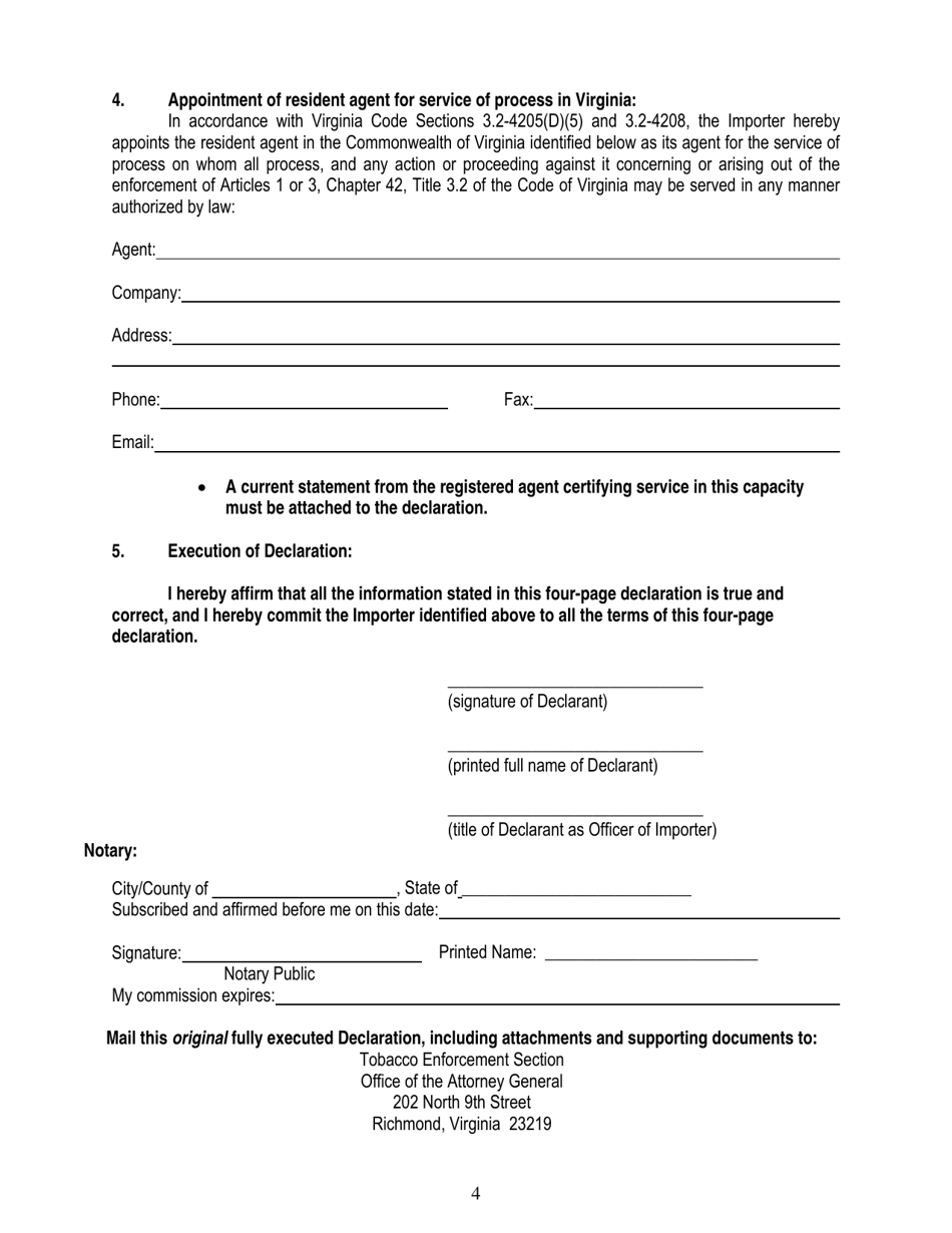 Declaration of Tobacco Product Importer Accepting Joint and Several Liability With Non-participating Manufacturer for Escrow Compliance in Virginia and Appointing Resident Agent for Service of Process - Virginia, Page 4
