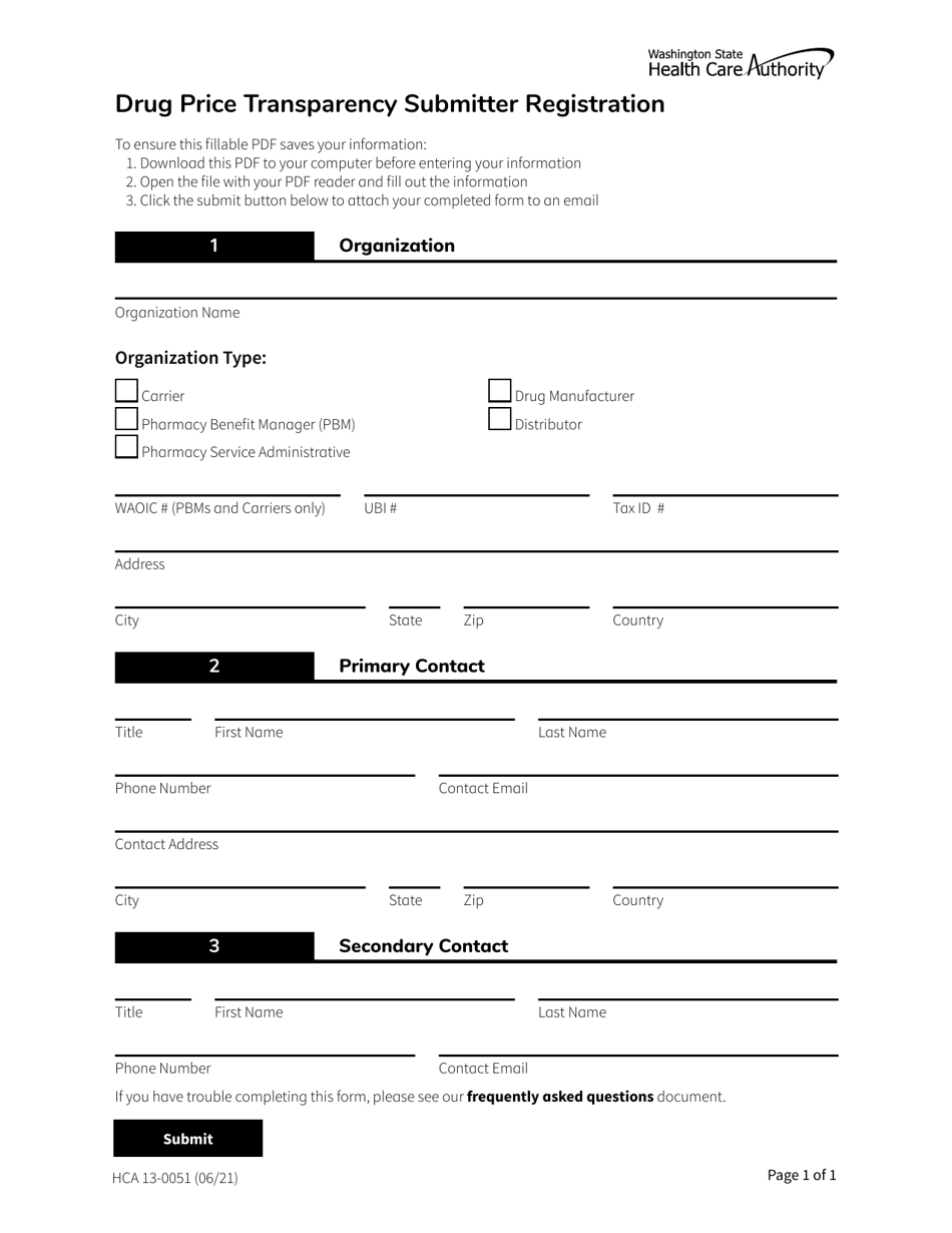 Form HCA13-0051 Drug Price Transparency Submitter Registration - Washington, Page 1