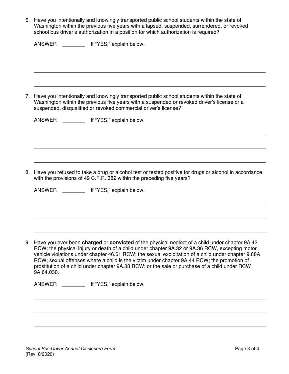 School Bus Driver Annual Disclosure Form - Washington, Page 3