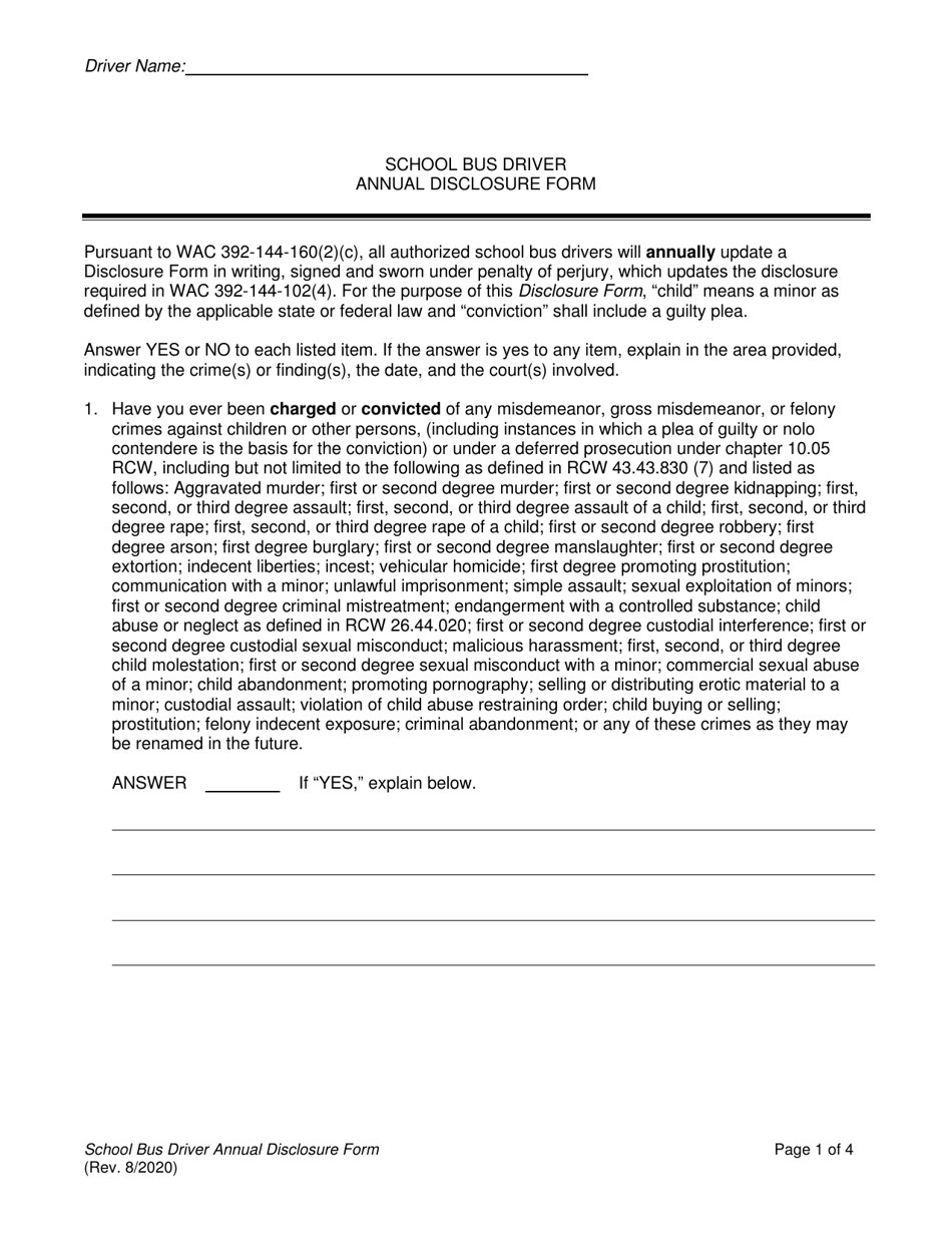Washington School Bus Driver Annual Disclosure Form - Fill Out, Sign ...