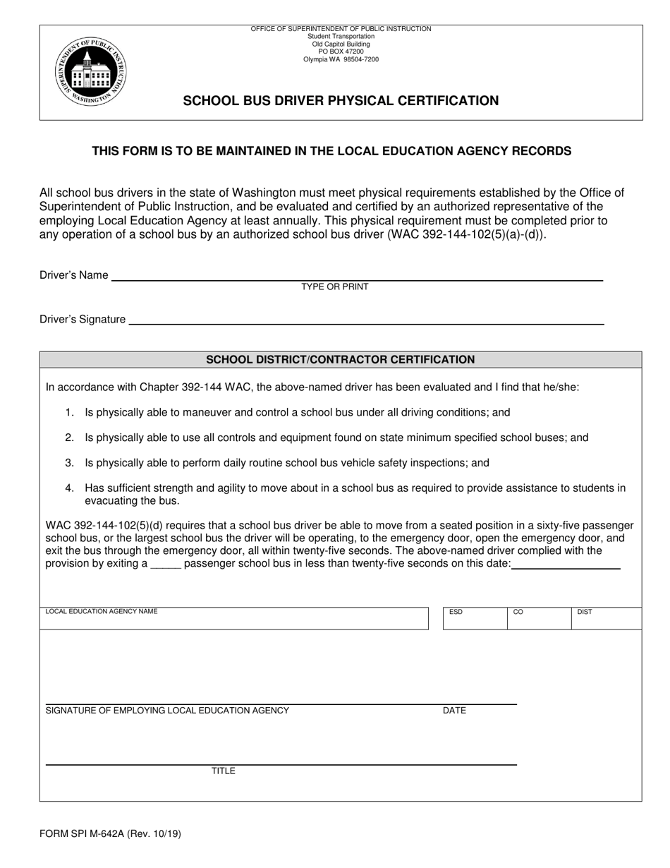 Form SPI M-642A School Bus Driver Physical Certification - Washington, Page 1