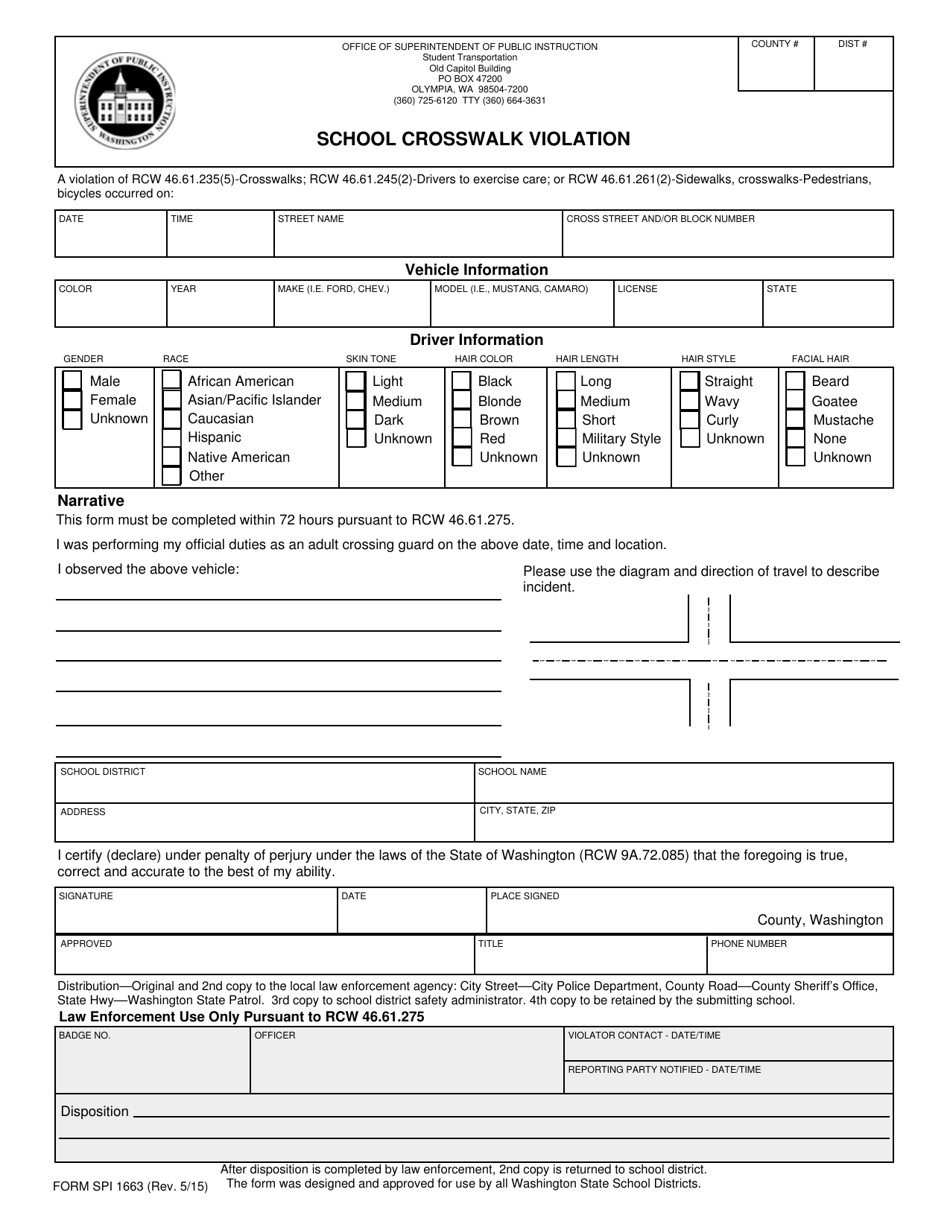 Form SPI1663 School Crosswalk Violation - Washington, Page 1