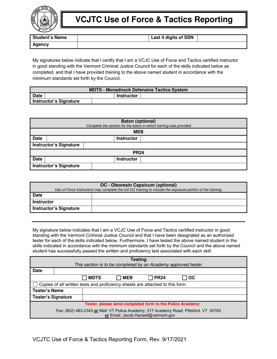 Vcjtc Use of Force  Tactics Reporting - Vermont, Page 1