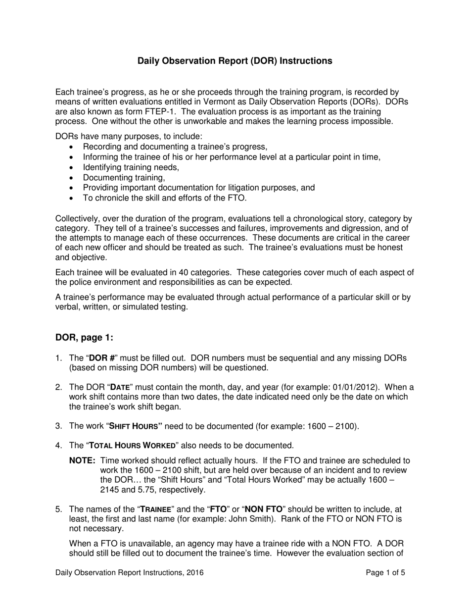 Instructions for Form FTEP-1 Daily Observation Report - Level II and Level Iii - Vermont, Page 1