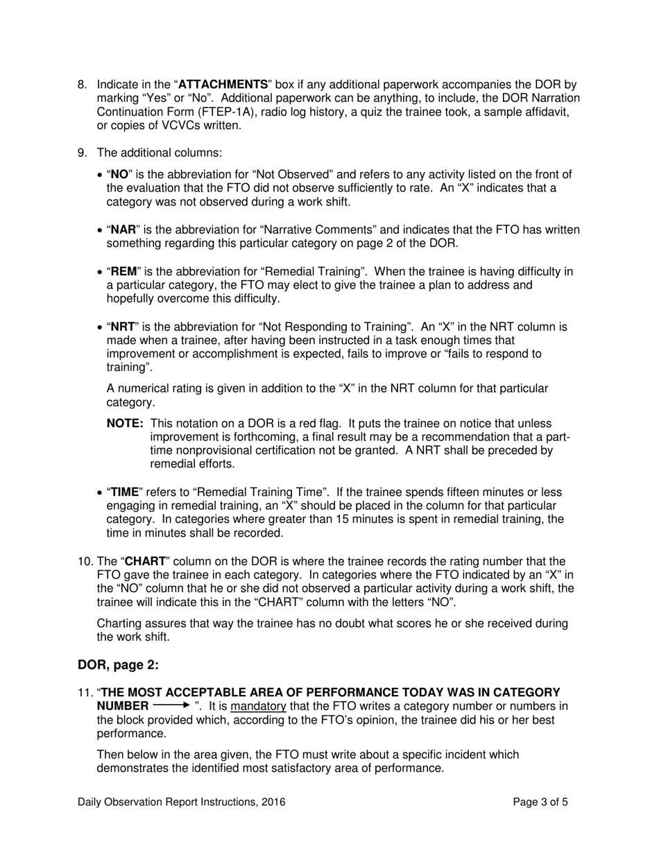 Instructions for Form FTEP-1 Daily Observation Report - Level II and Level Iii - Vermont, Page 3