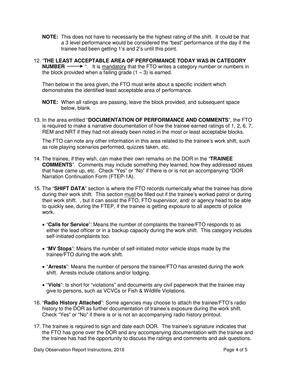Instructions for Form FTEP-1 Daily Observation Report - Level II and Level Iii - Vermont, Page 4