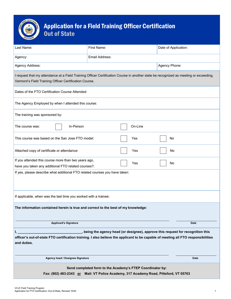 Application for a Field Training Officer Certification - out of State - Vermont, Page 1