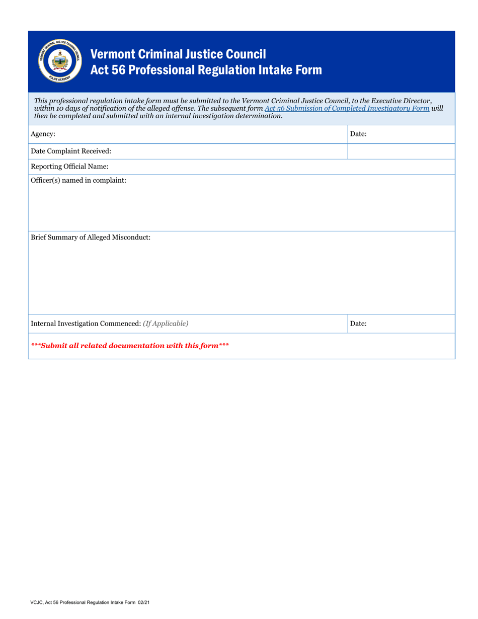 Act 56 Professional Regulation Intake Form - Vermont, Page 1