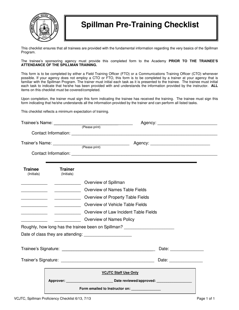 Spillman Pre-training Checklist - Vermont, Page 3