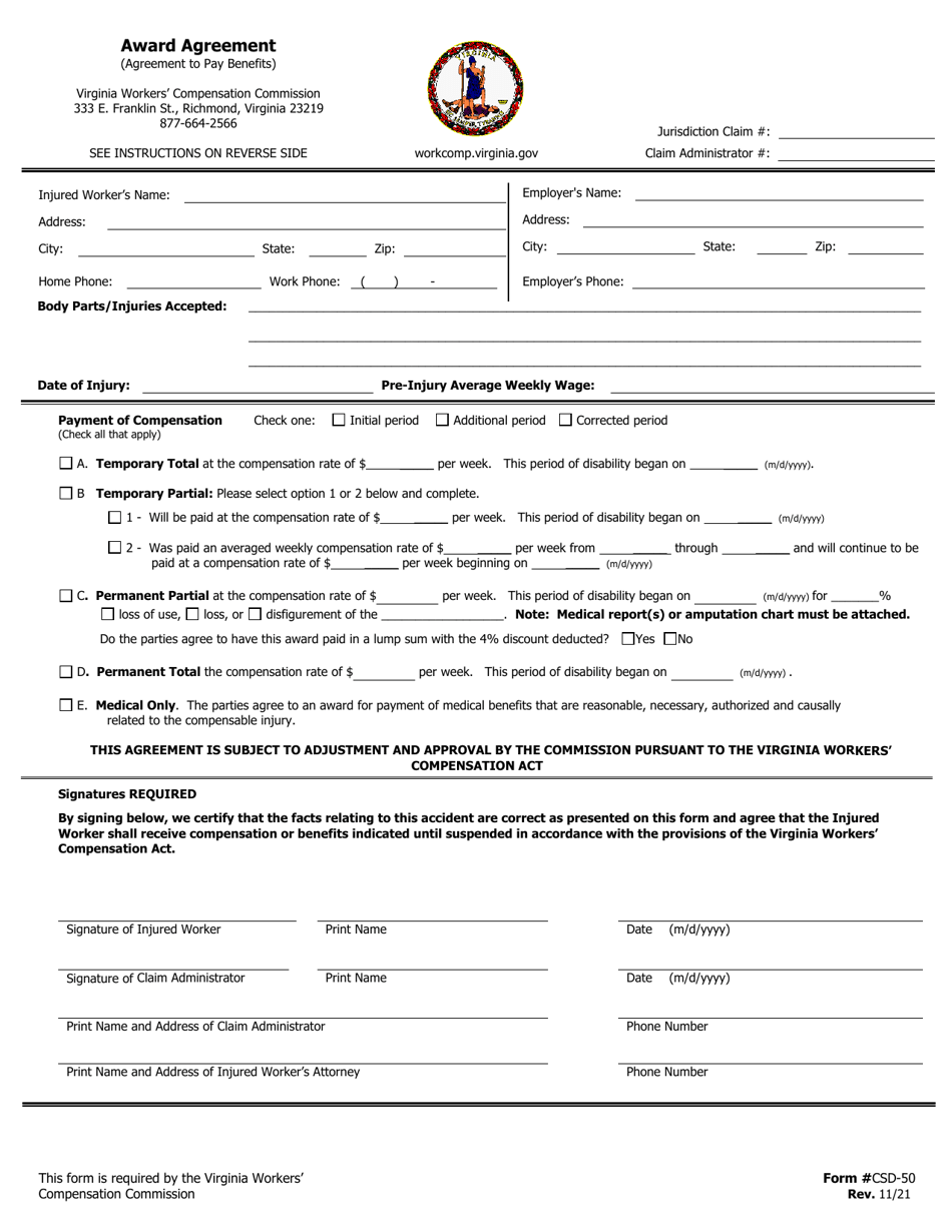 VWC Form CSD-50 Award Agreement (Agreement to Pay Benefits) - Virginia, Page 1