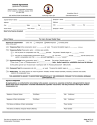 VWC Form CSD-50 &quot;Award Agreement (Agreement to Pay Benefits)&quot; - Virginia