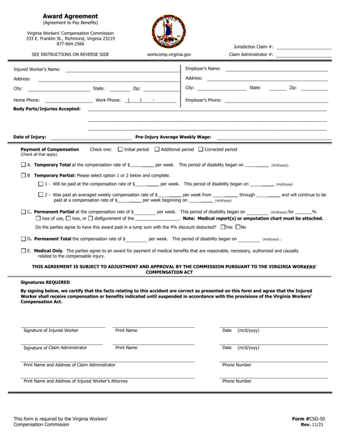 VWC Form CSD-50 Award Agreement (Agreement to Pay Benefits) - Virginia