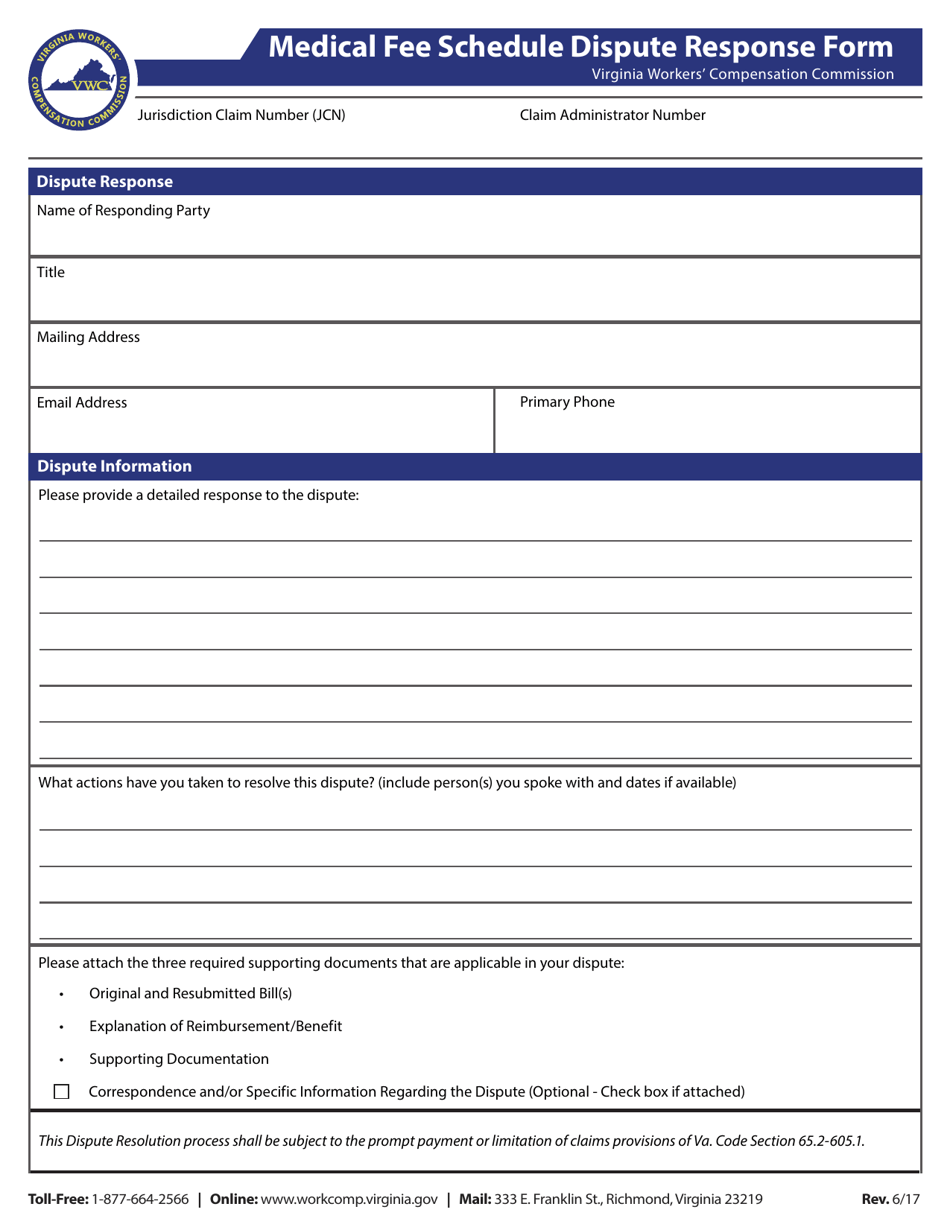 Medical Fee Schedule Dispute Response Form - Virginia, Page 1