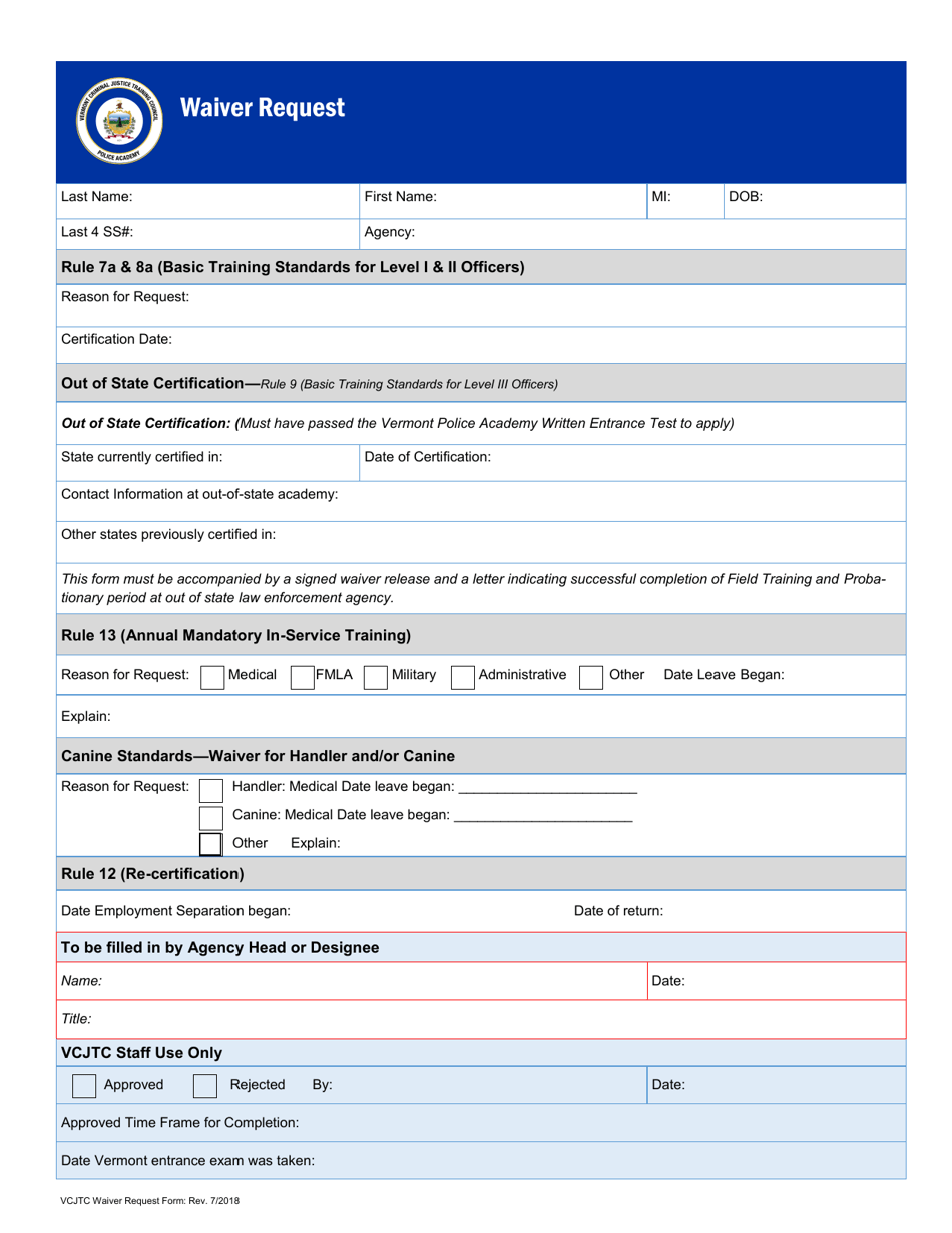 Waiver Request - Vermont, Page 1