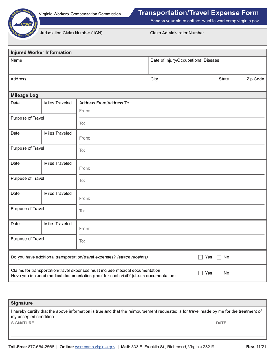 Transportation / Travel Expense Form - Virginia, Page 1