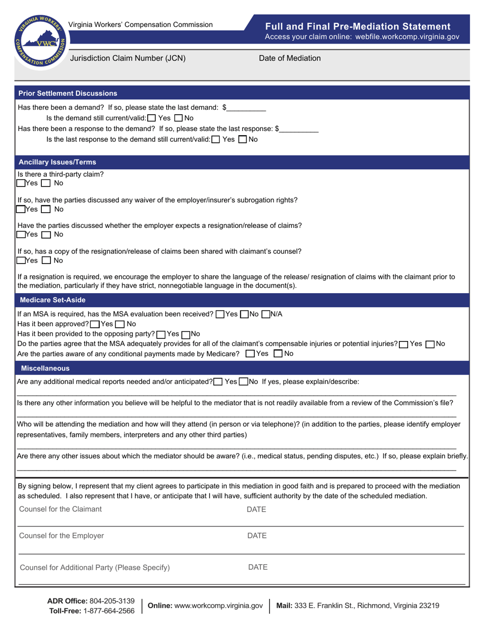 Full and Final Pre-mediation Statement (All Claims) - Virginia, Page 2