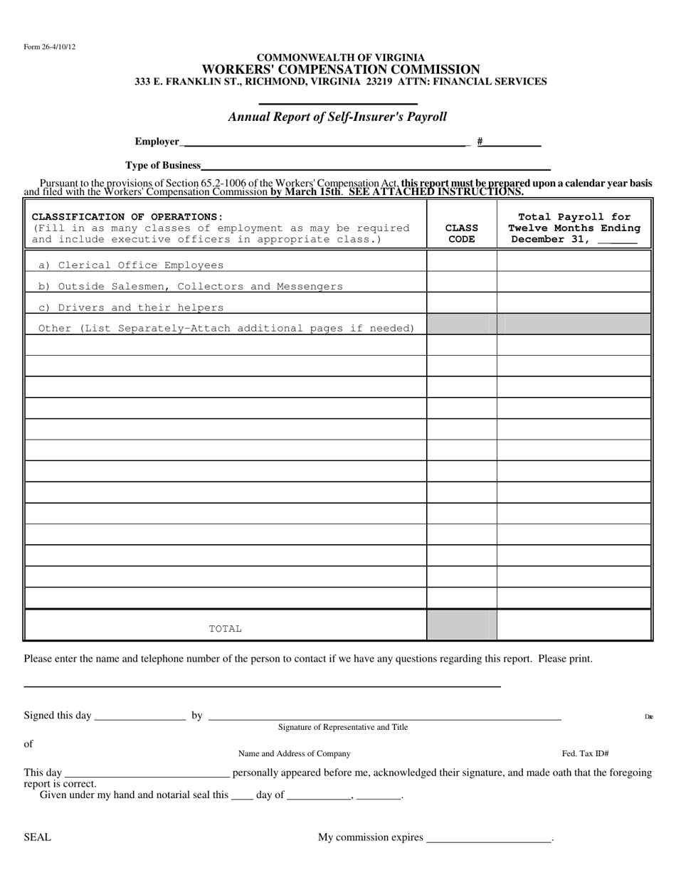 VWC Form 26 Annual Report of Self-insurers Payroll - Virginia, Page 1