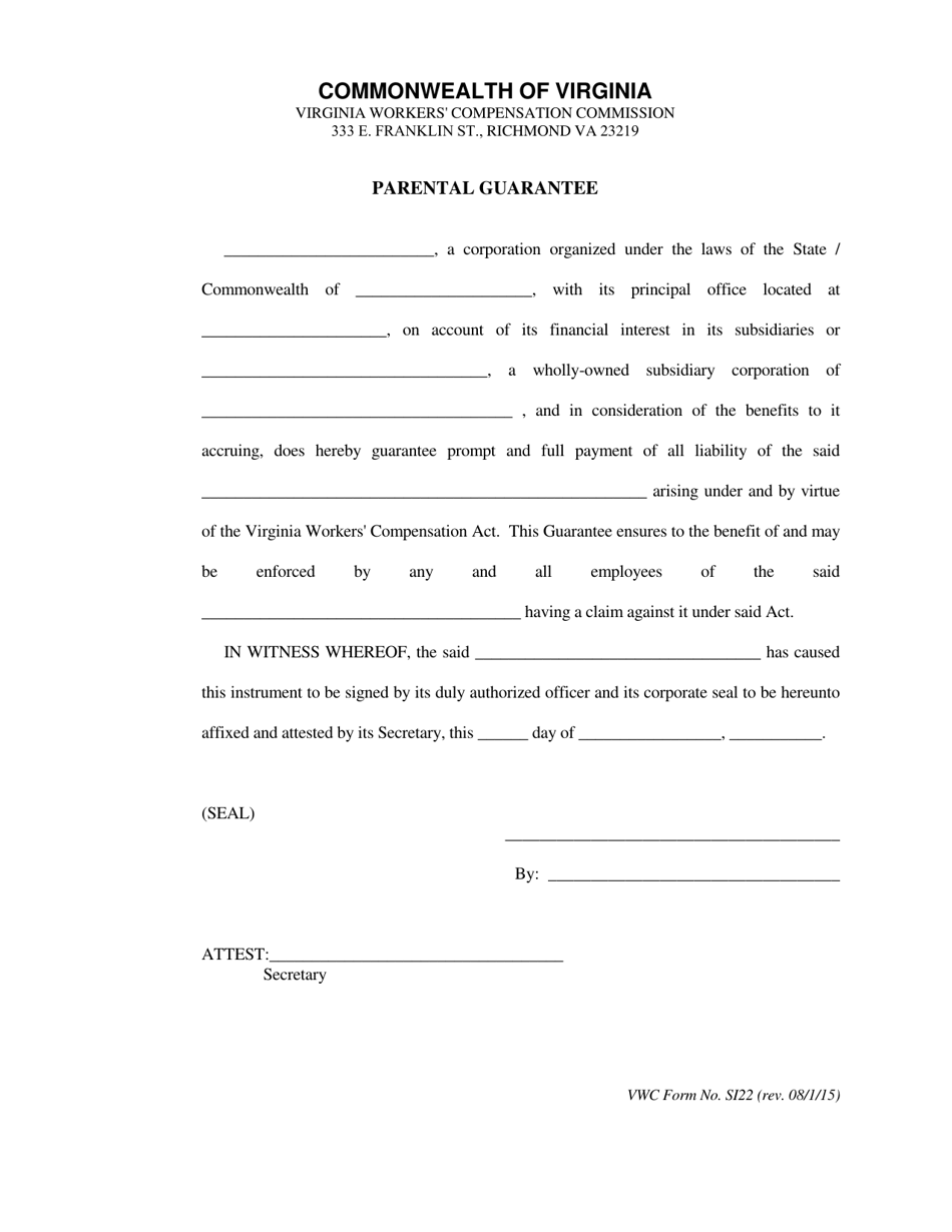 VWC Form SI22 Parental Guarantee - Virginia, Page 1