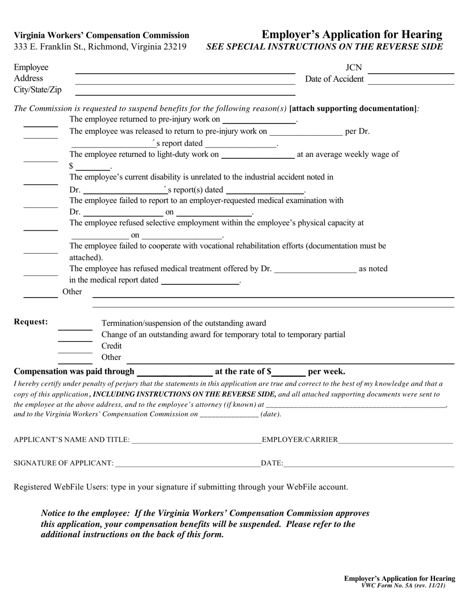 VWC Form 5A Employers Application for Hearing - Virginia, Page 1