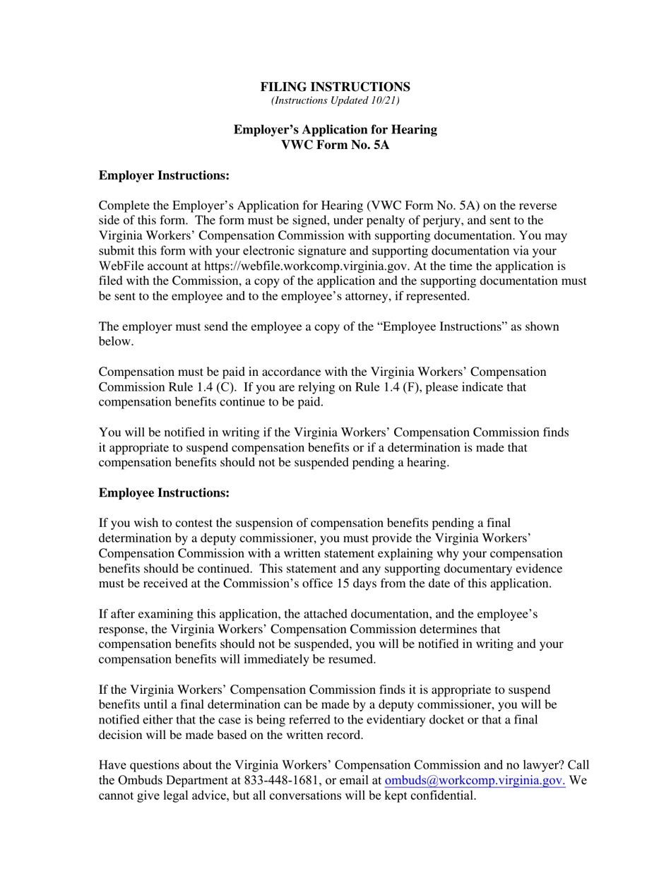 VWC Form 5A Employers Application for Hearing - Virginia, Page 2