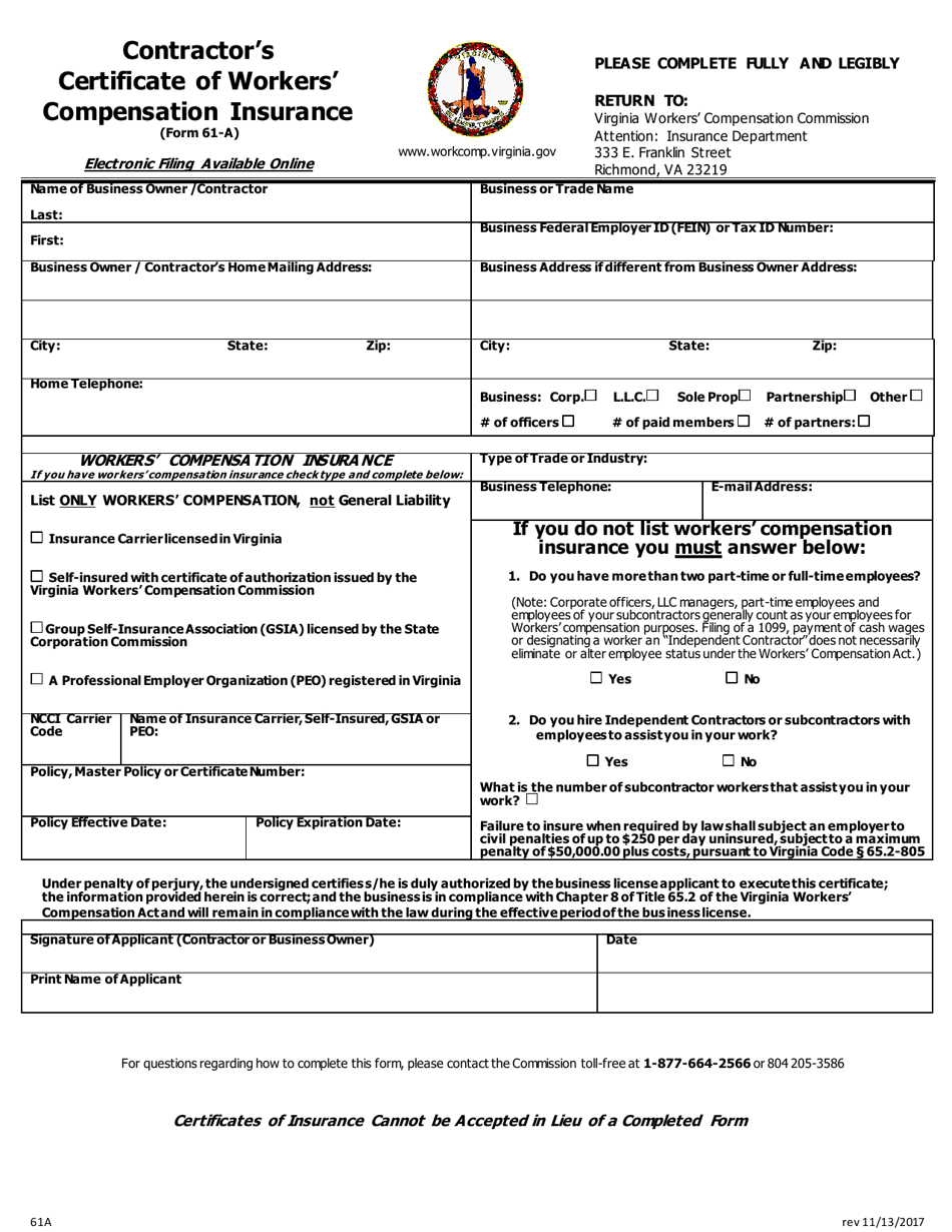VWC Form 61-A Contractors Certificate of Workers Compensation Insurance - Virginia, Page 1