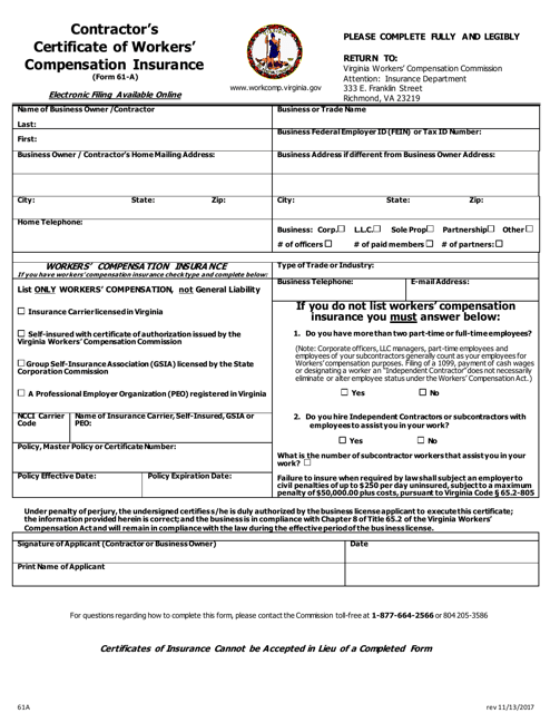 VWC Form 61-A  Printable Pdf