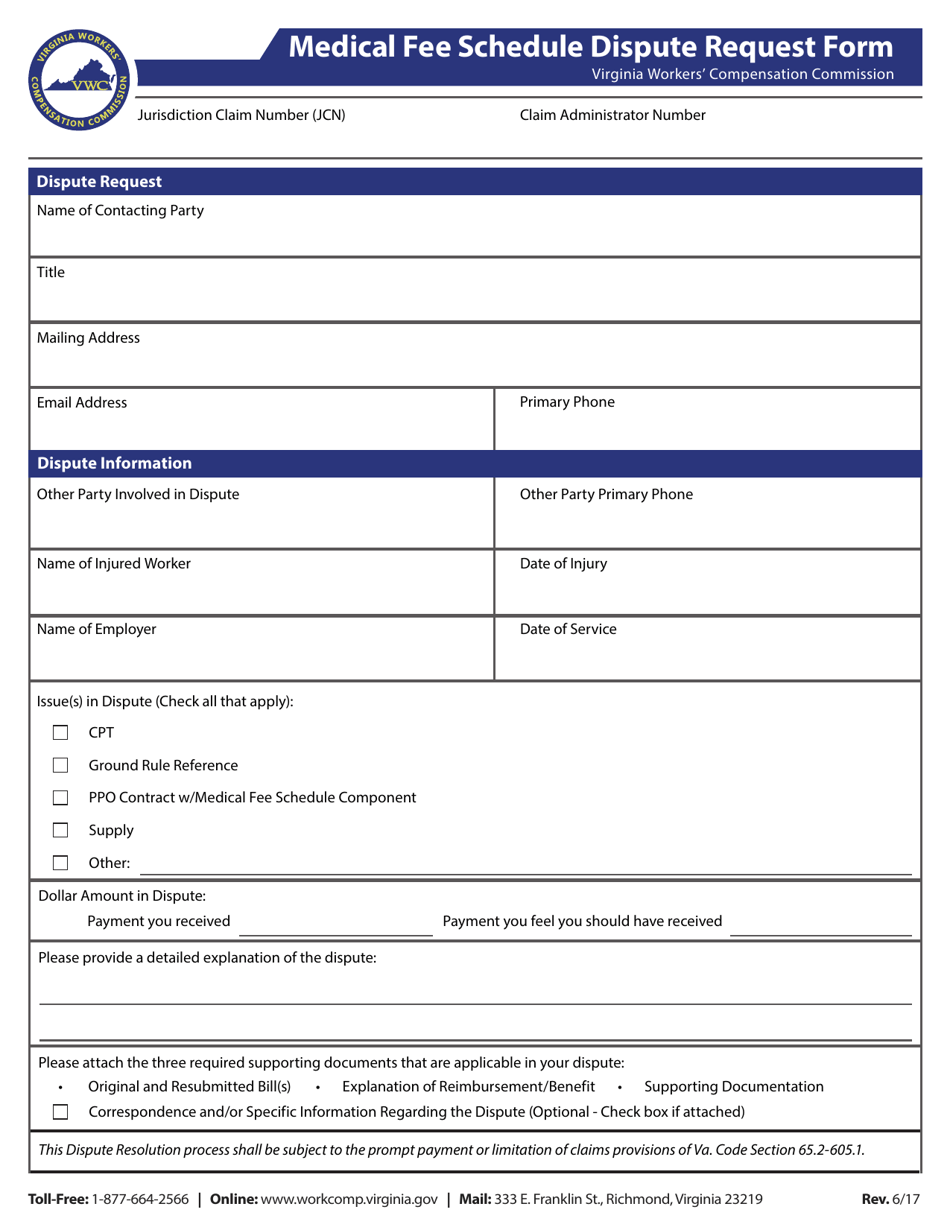 Virginia Medical Fee Schedule Dispute Request Form - Fill Out, Sign 