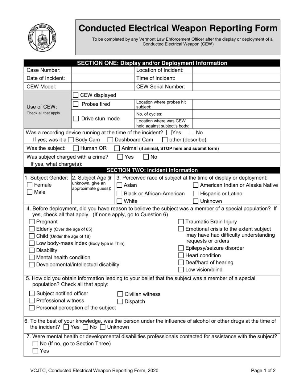 Conducted Electrical Weapon Reporting Form - Vermont, Page 1