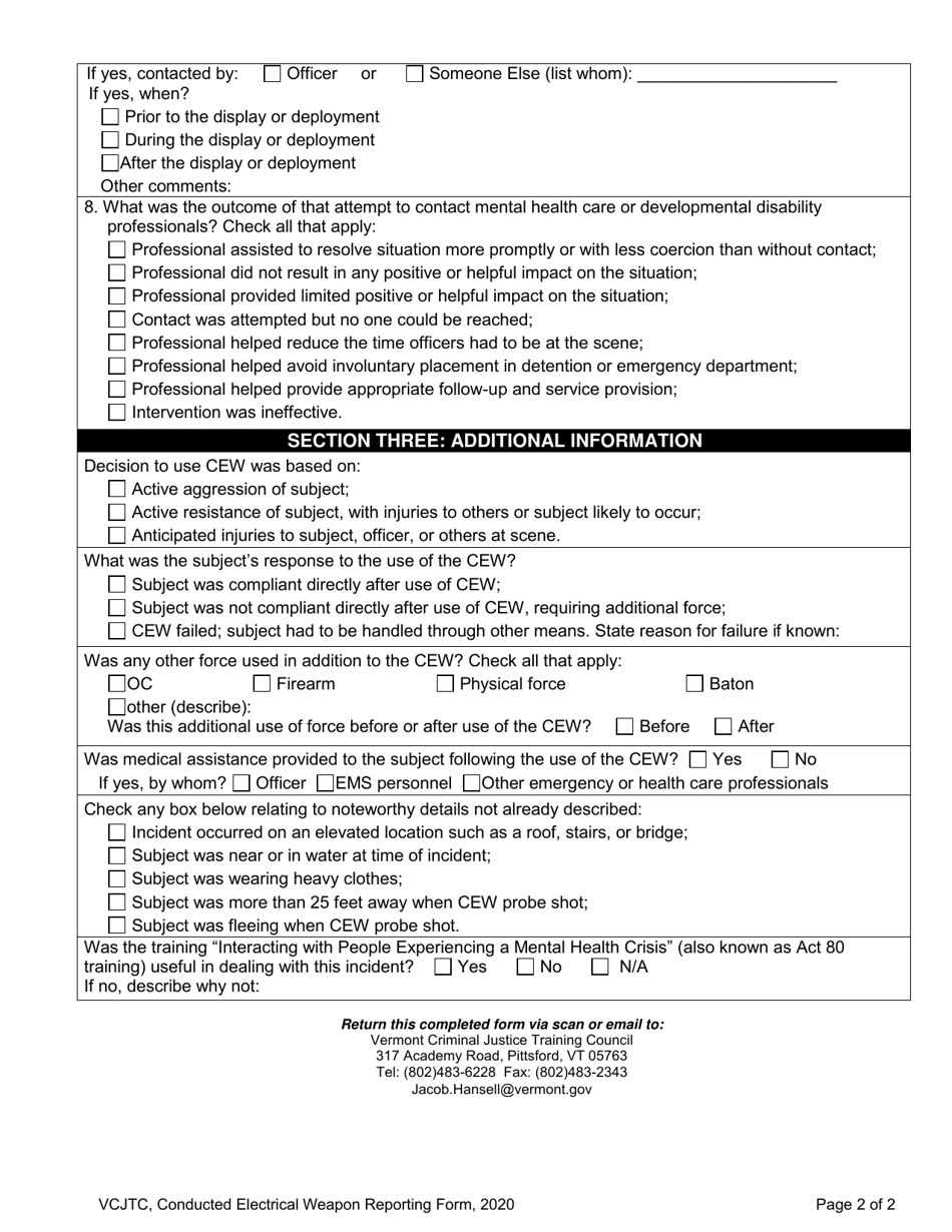 Conducted Electrical Weapon Reporting Form - Vermont, Page 2