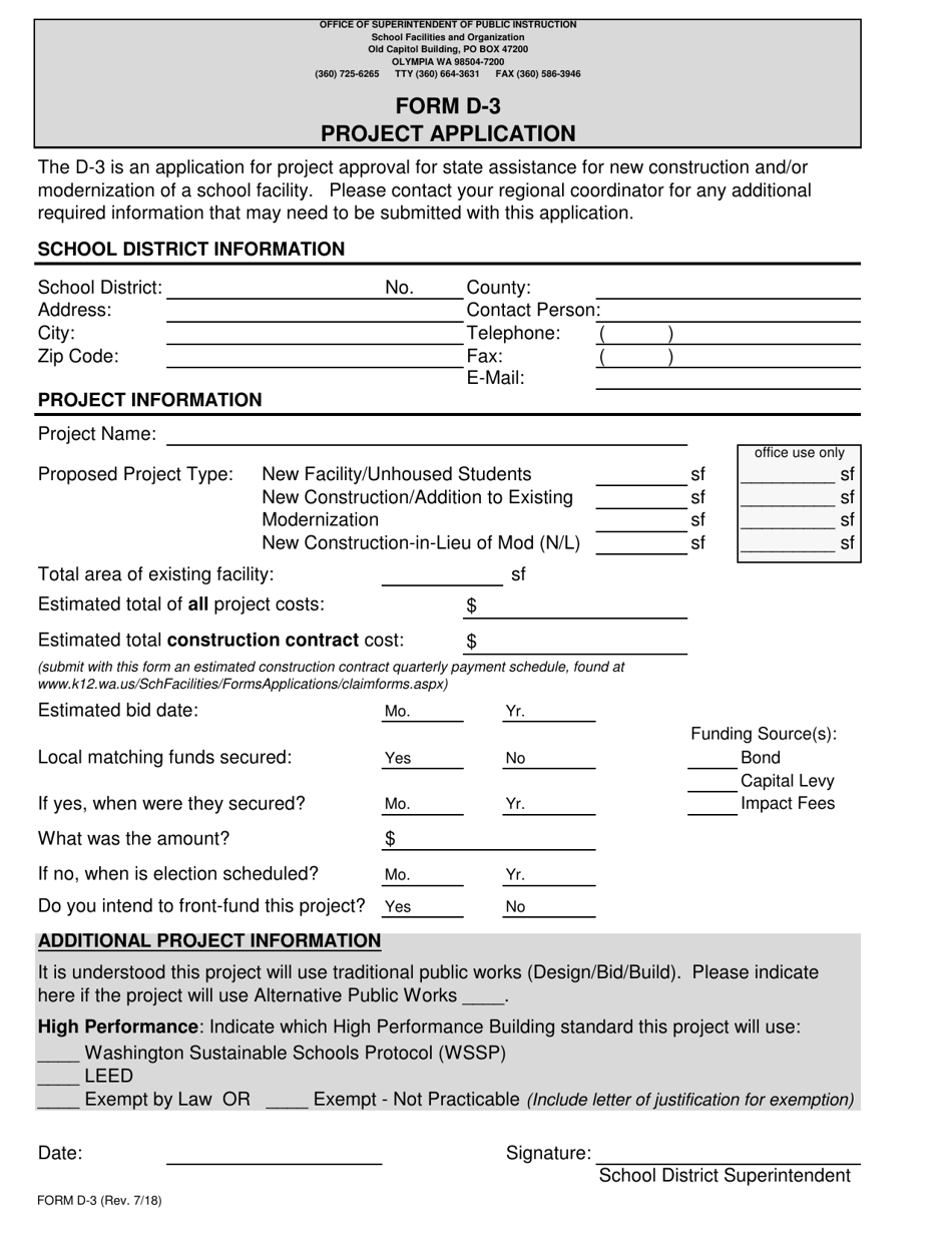 Form D-3 Project Application - Washington, Page 1