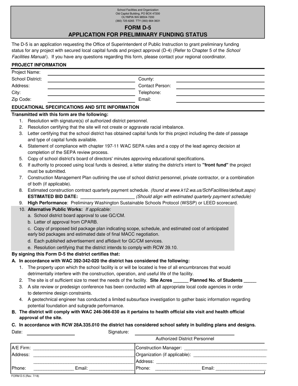 Form D-5 Application for Preliminary Funding Status - Washington, Page 1