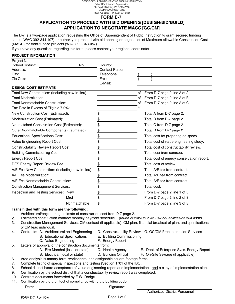 Form D-7 Application to Proceed With Bid Opening (Design / Bid / Build) / Application to Negotiate Macc (Gc / Cm) - Washington, Page 1