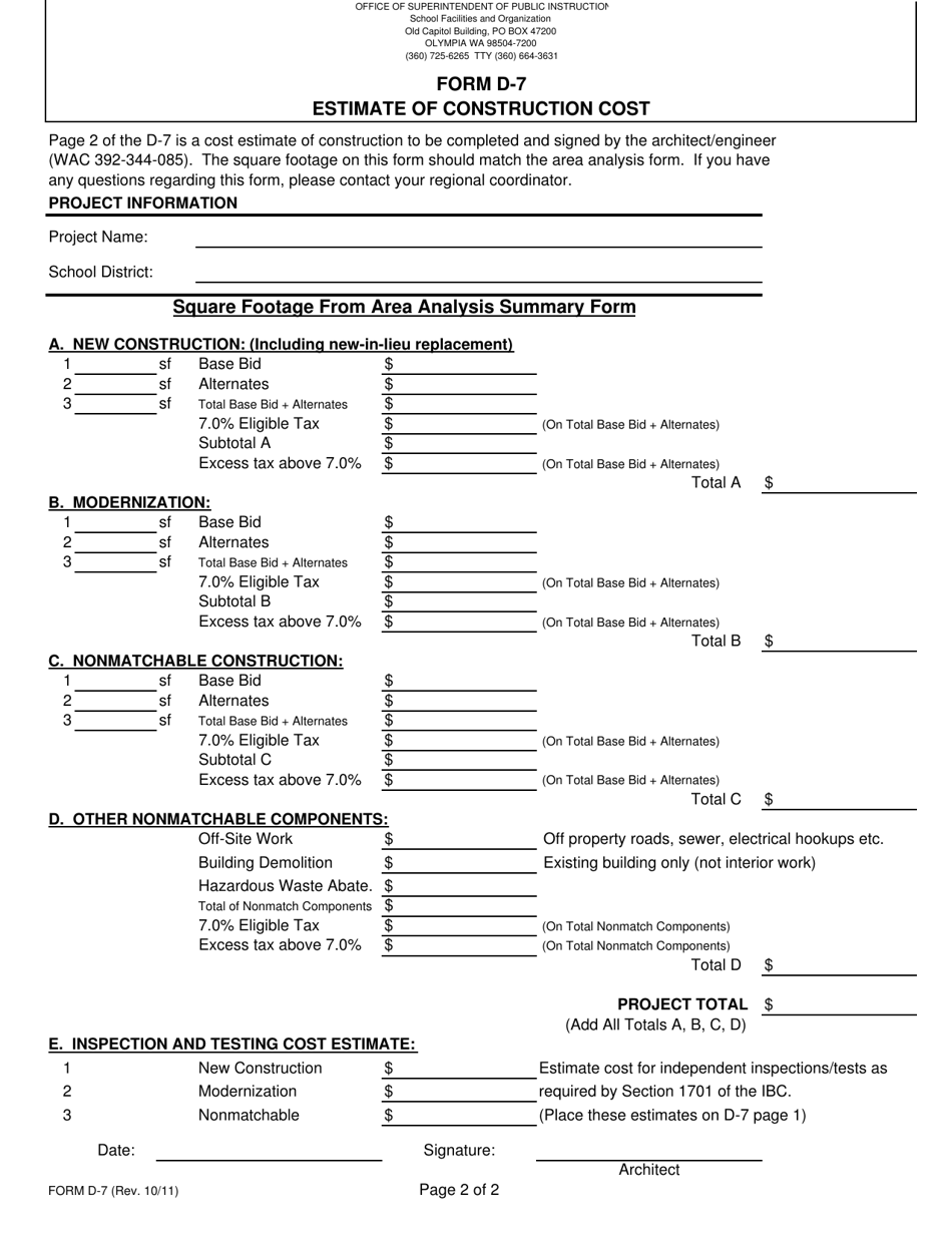 Form D-7 Application to Proceed With Bid Opening (Design / Bid / Build) / Application to Negotiate Macc (Gc / Cm) - Washington, Page 2