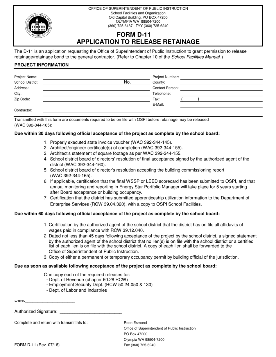 Form D-11 Application to Release Retainage - Washington, Page 1